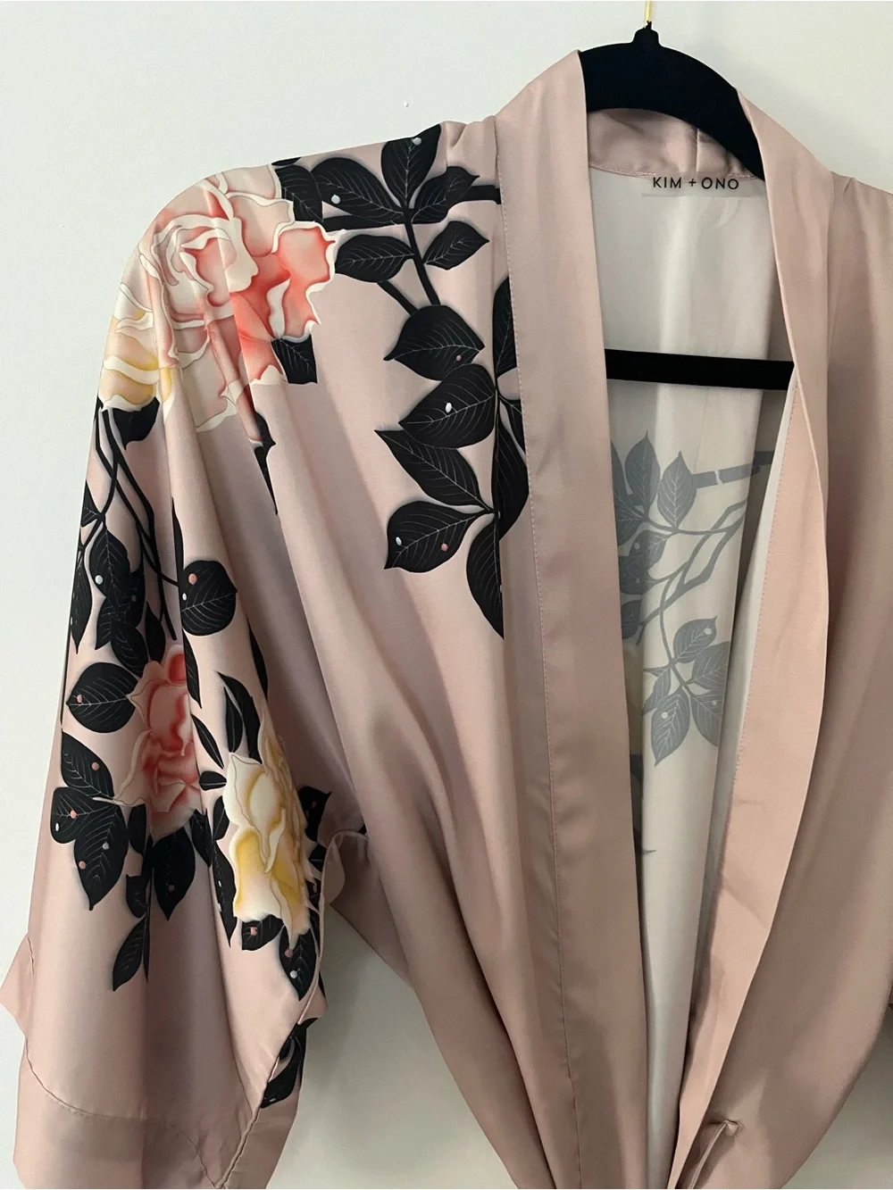 Long Floral Satin Kimono Robe - Pink - Picture 4 of 7